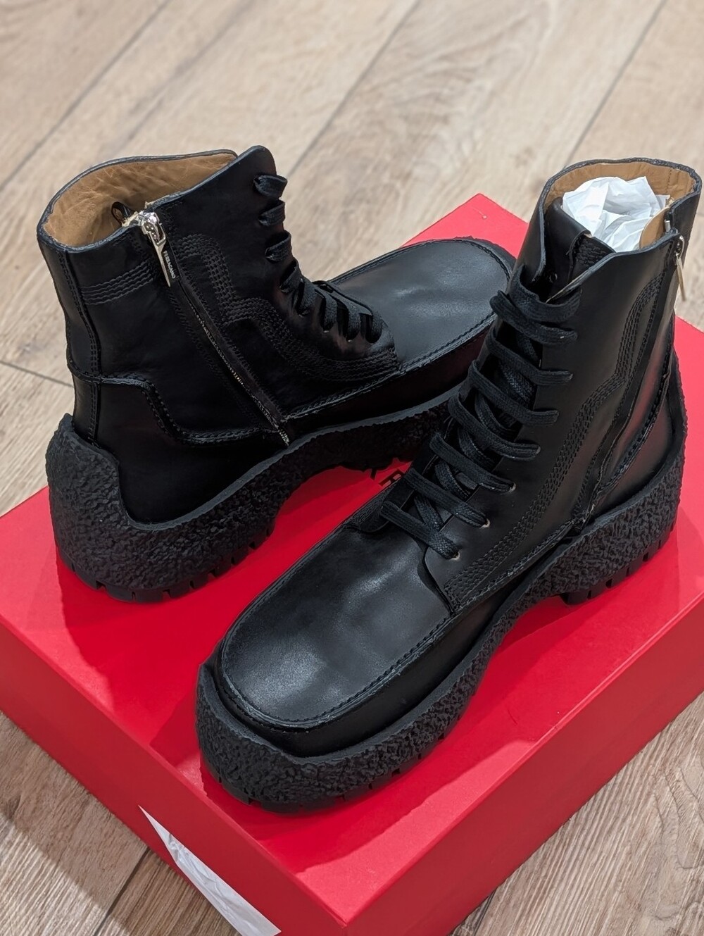 Salvatore Ferragamo Rugged Platform Lace Up Boots Black US 9 EE